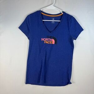 The North Face Womens Blue Heather V-Neck Graphic Logo T-Shirt Size Medium